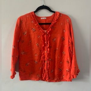 Vintage Russ Berens 100% Linen 3/4 sleeve ruffle floral button patchwork top